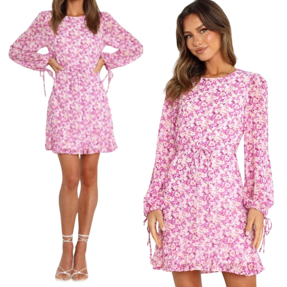 Petal + Pup Paige Floral Mini Dress Long Balloon Sleeve Flounce Hem Belted 6
